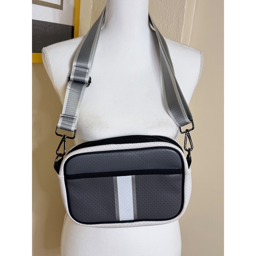 Haute Shore Drew Carbon Neoprene Crossbody Bag Grey White Perforated Stripe